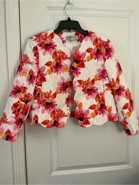 Kasper Scalloped Edge Open Front Floral Blazer Jacket Orange Pink White 10